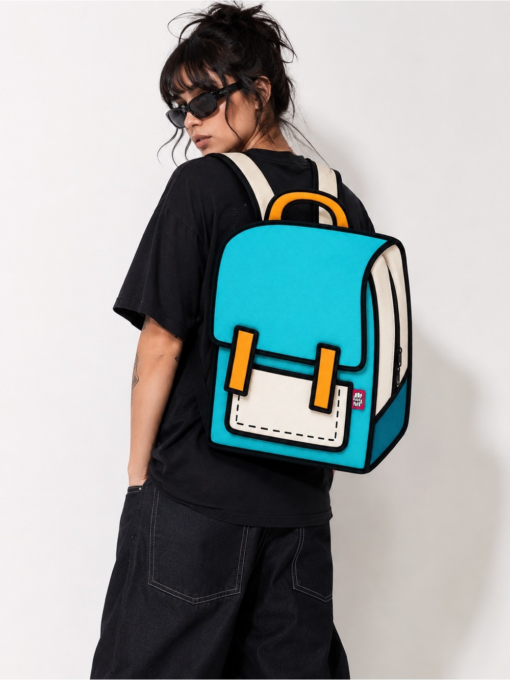 JumpFromPaper Adventure 2D Cartoon Backpack Turquoise Orange Optical Illusion